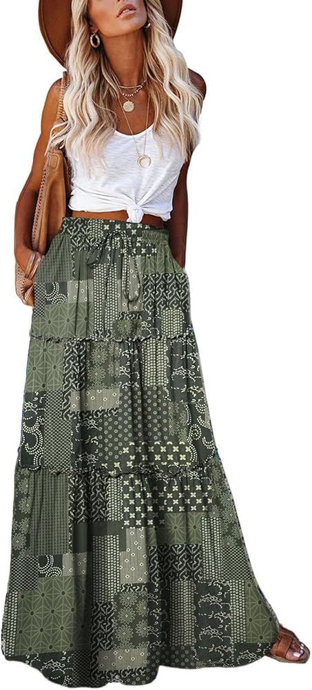 EARKOHA Womens Casual High Waist Tiered Paisley Print Long Maxi Skirt with Pockets | Amazon (US)