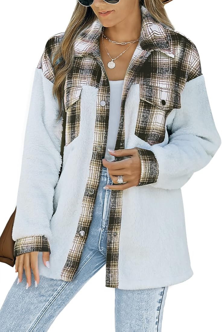 Happy Sailed Womens Flannel Plaid Contrast Fuzzy Fleece Jackets Long Sleeve Button Down Cozy Sher... | Amazon (US)