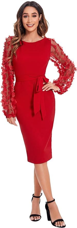 SheIn Women's Elegant Mesh Contrast Bishop Sleeve Bodycon Pencil Dress | Amazon (US)