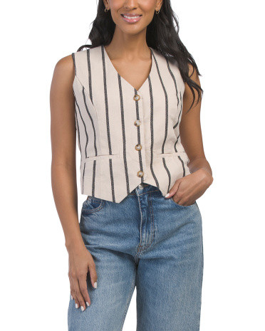 Linen Blend Striped Sleeveless Button Front Vest | TJ Maxx