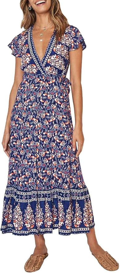 ZESICA Women's Bohemian Floral Printed Wrap V Neck Short Sleeve Split Beach Party Maxi Dress | Amazon (US)