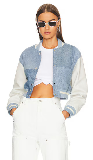 Cropped Varsity Jacket in Light Wash & White | Revolve Clothing (Global)