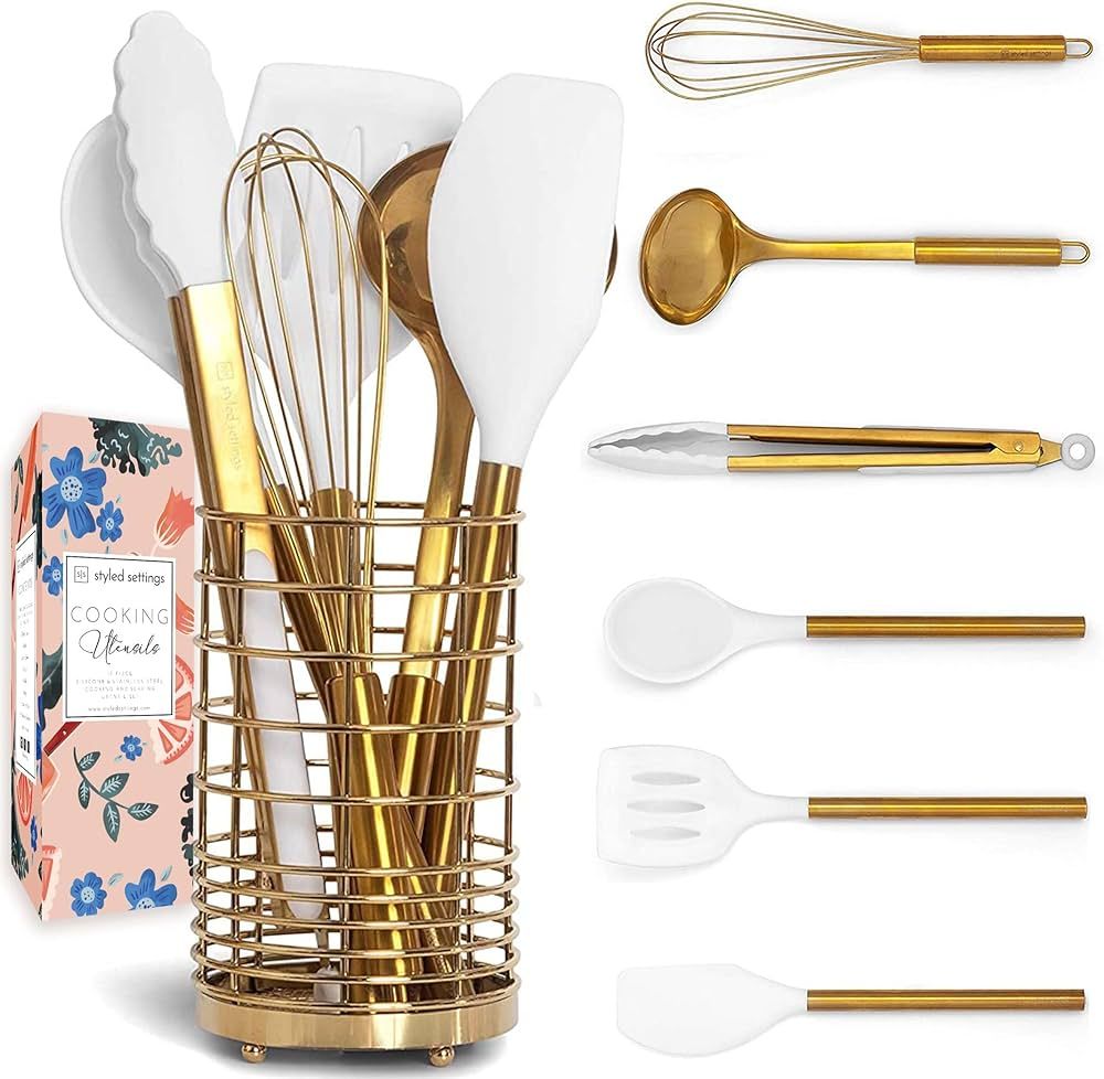 White Silicone and Gold Cooking Utensils Set with Gold Utensil Holder: 7PC Set Includes White Utensils Set,Gold Spatula,Gold Whisk - White and Gold Kitchen Accessories | Amazon (US)