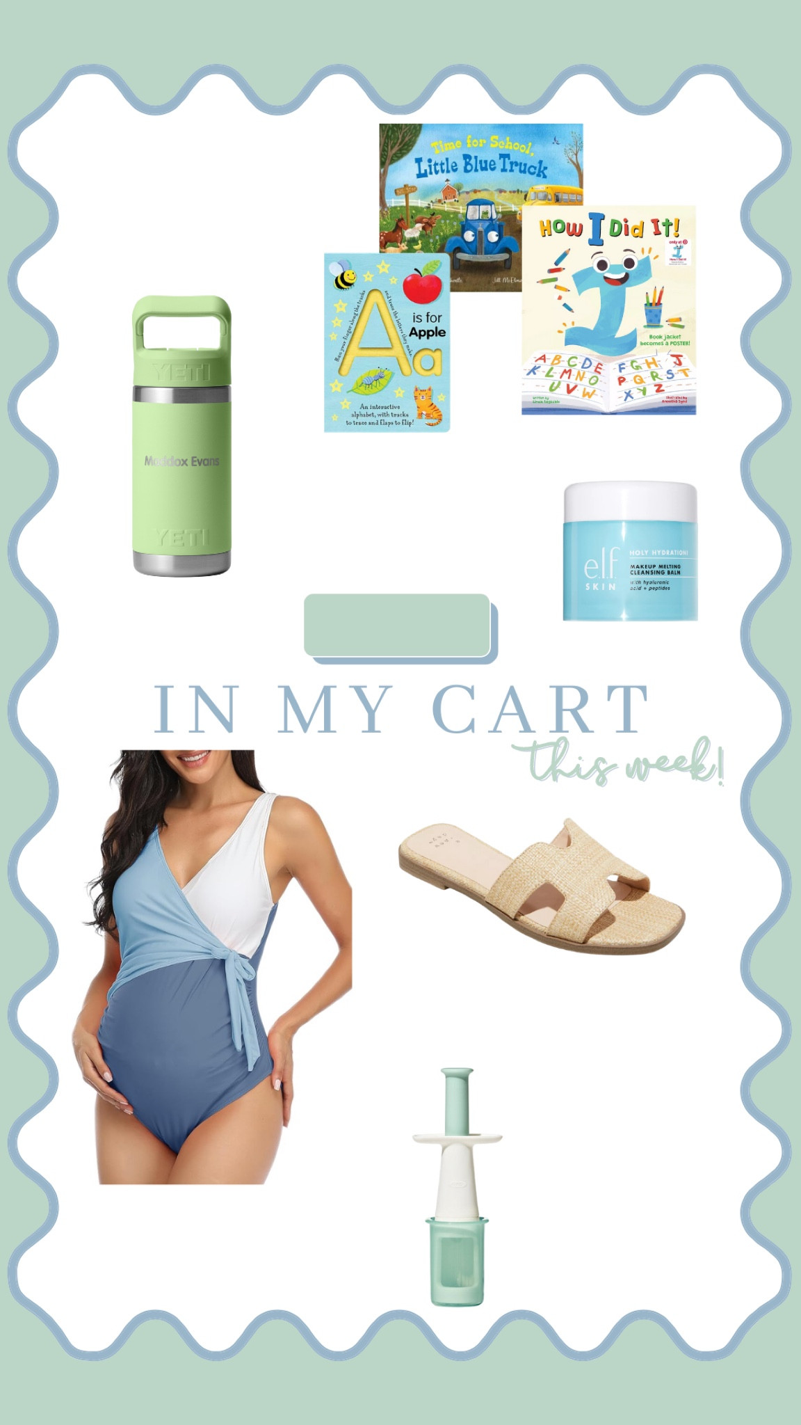 In my cart this week: personalized water bottle for Maddox, back to school books, makeup melt remover, maternity swim, summer sandals and an aesthetically pretty grape slicer! 

#LTKBump #LTKSummerSales #LTKFamily