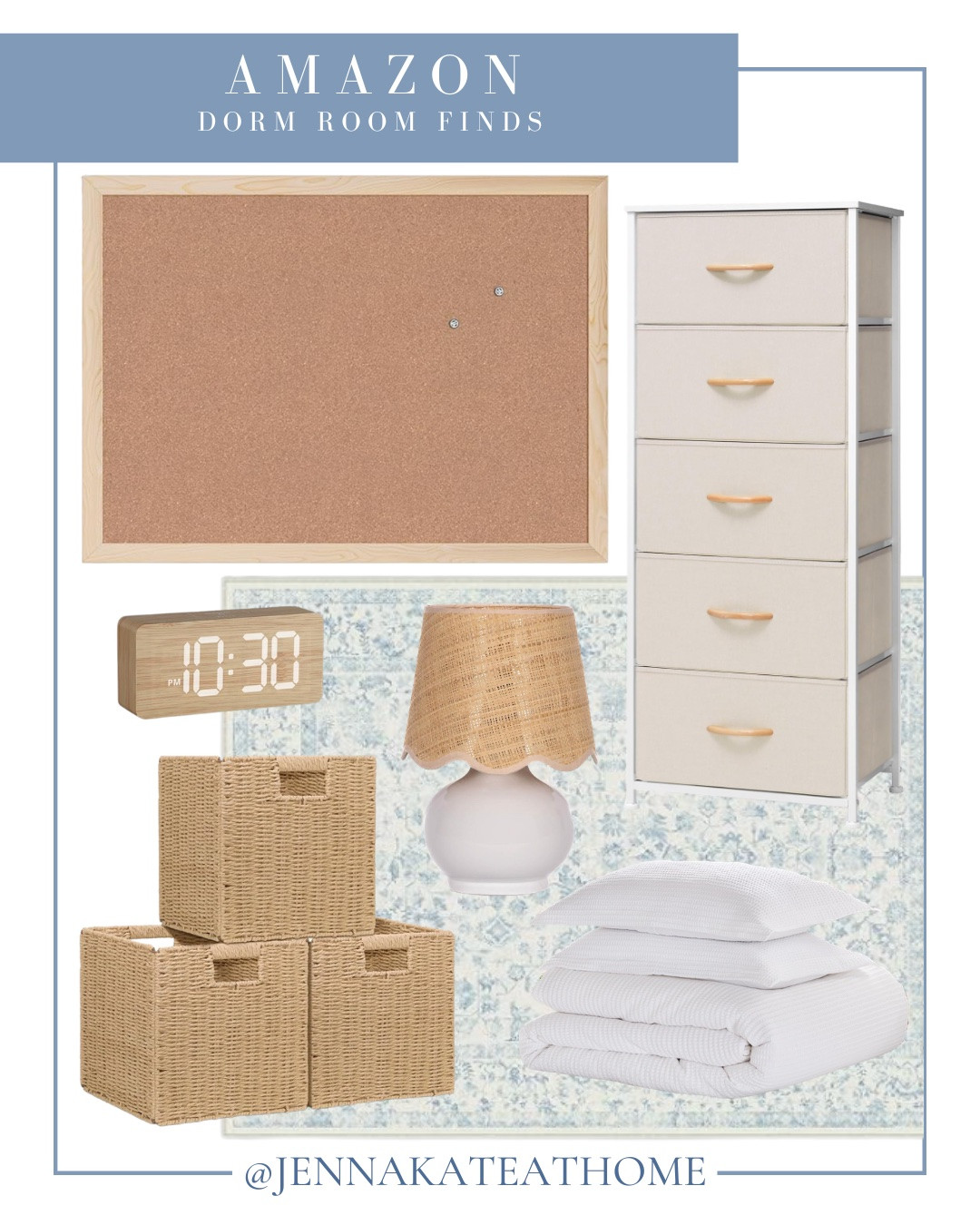 Dorm room finds include storage drawers, cork board, rug, table lamp, storage cubes, and alarm clock 

Dorm room decor, looks for less, styled dorm room

#LTKHome #LTKSaleAlert #LTKSeasonal