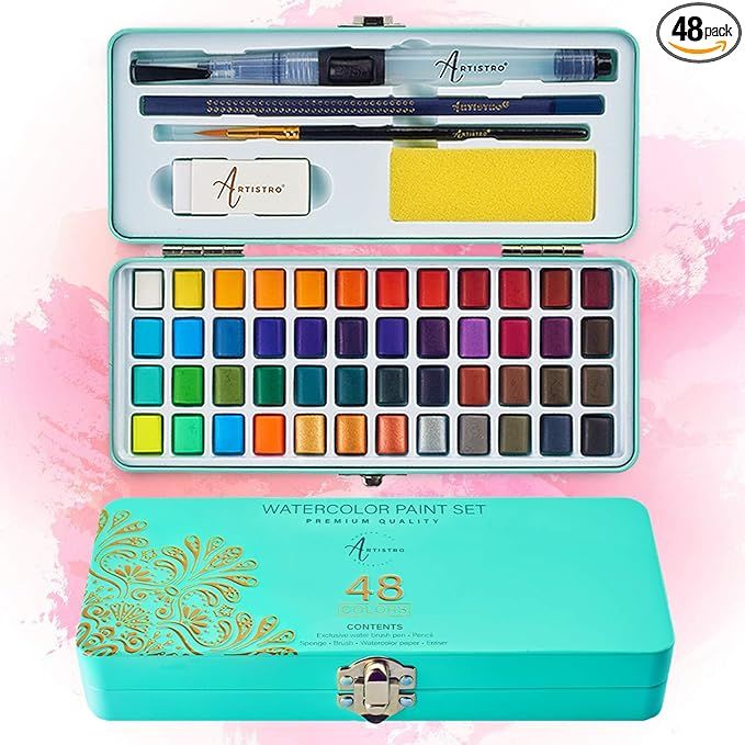 ARTISTRO Watercolor Paint Set, 48 Vivid Colors in Portable Box, Including Metallic and Fluorescen... | Amazon (US)