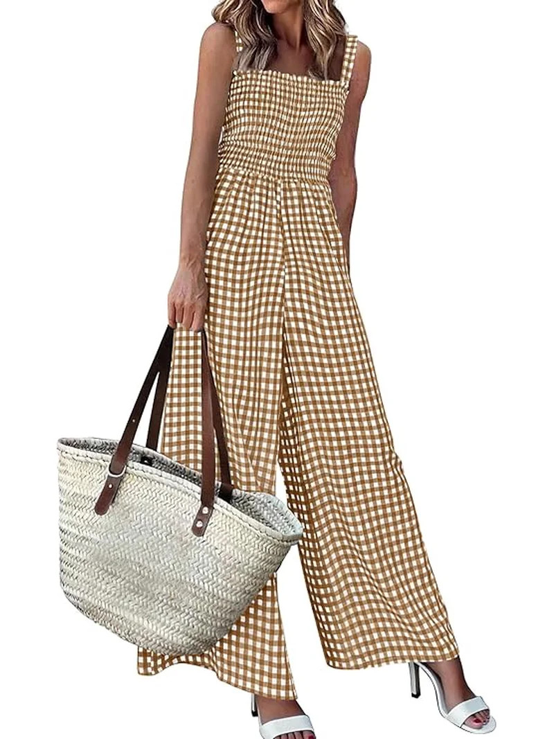PRETTYGARDEN One Piece Jumpsuits for Women Summer Sleeveless Smocked Gingham Wide Leg Date Night ... | Walmart (US)