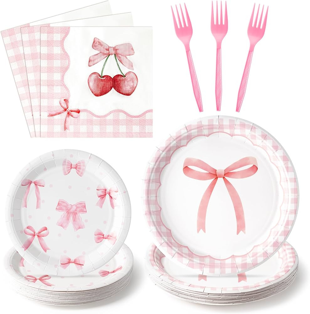 96Pcs Pink Bow Party Plates Supplies - Coquette Cute Party Tableware Decorations Disposable Paper... | Amazon (US)