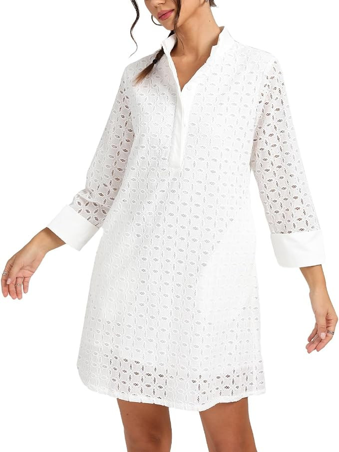 D-Sun Women's Eyelet Long Sleeve Mini Dress Fall Hollow Out Stand Collar V Neck Casual Party Shor... | Amazon (US)