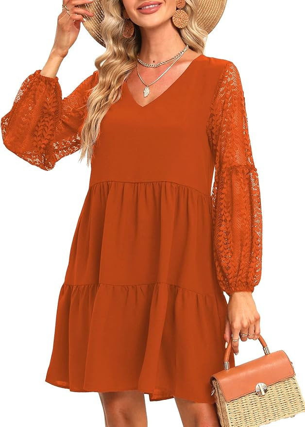 LATH.PIN Women’s 2023 Summer Dresses V Neck Lace Lantern Long Sleeves Tunic Dress Cute Shift Ba... | Amazon (US)