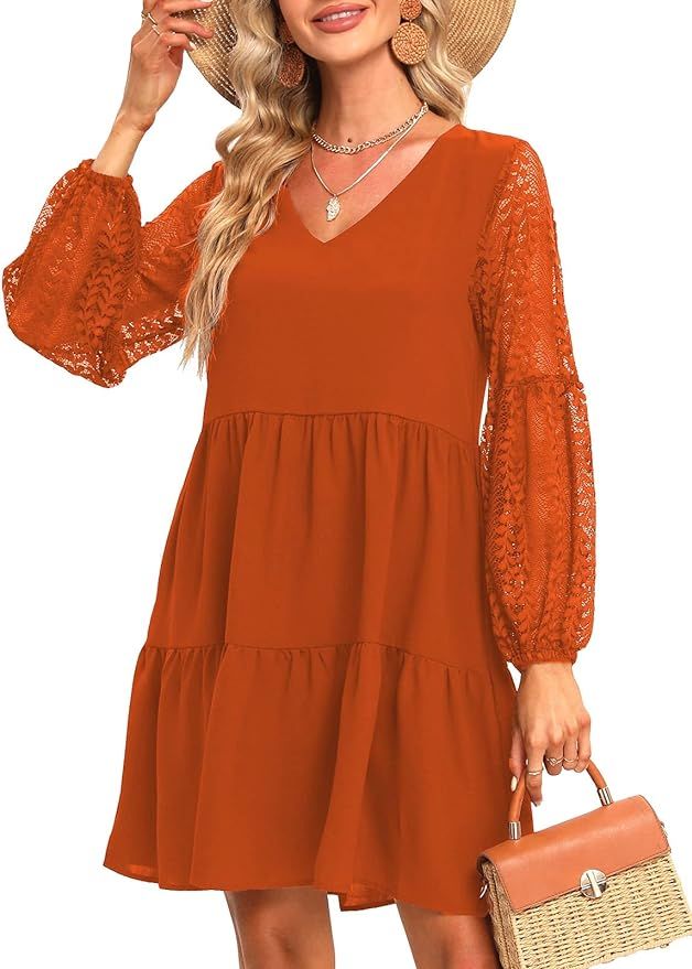 LATH.PIN Women’s 2023 Summer Dresses V Neck Lace Lantern Long Sleeves Tunic Dress Cute Shift Ba... | Amazon (US)