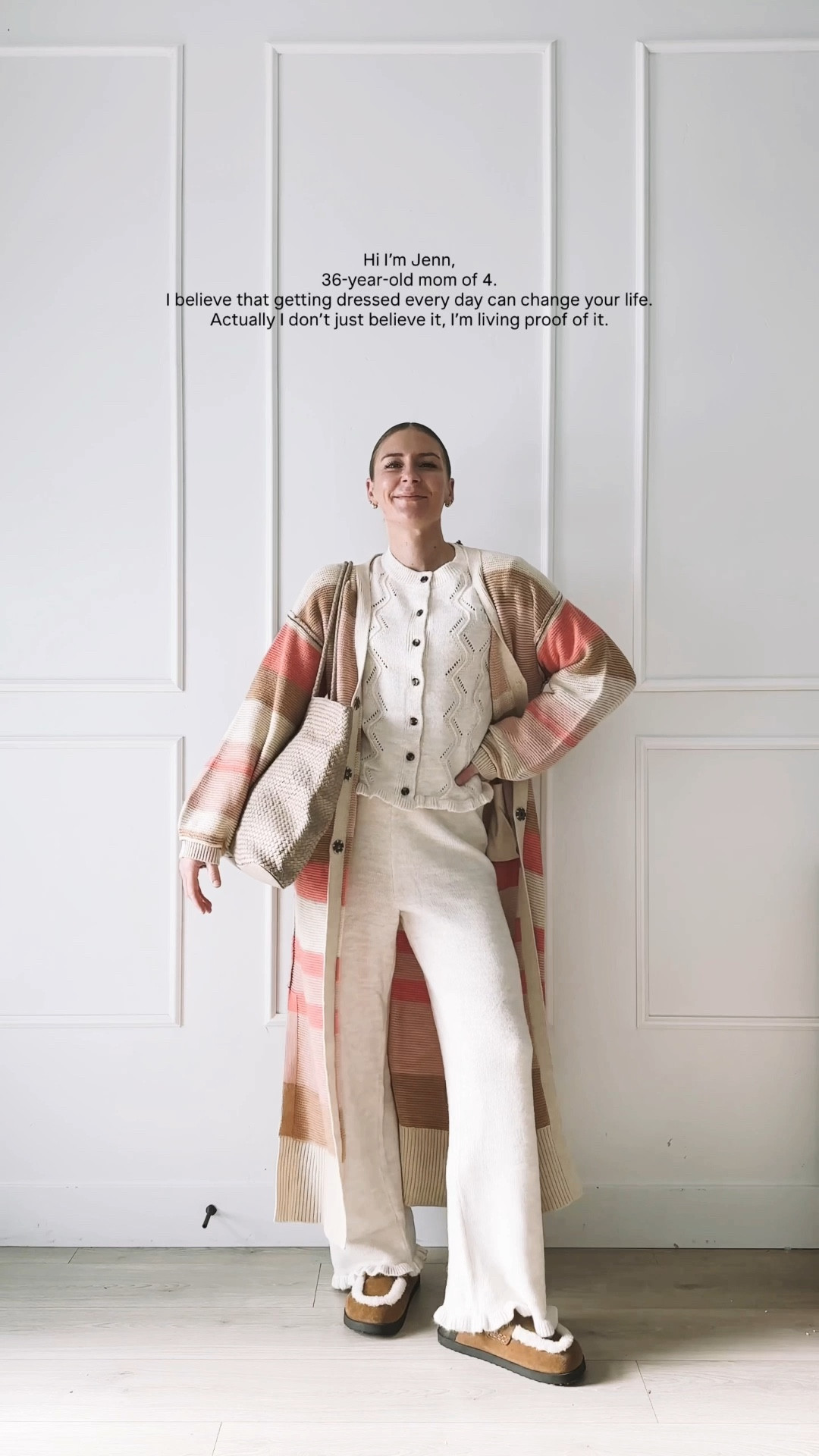 Cozy everyday outfit with a pointelle sweater and pants set layered under a striped maxi cardigan. Soft neutral tones, comfy clogs, and an easy woven tote make this a relaxed but put together look perfect for mom life, errands, and everyday wear.

#LTKmomlife #LTKootd #LTKdayinmylife