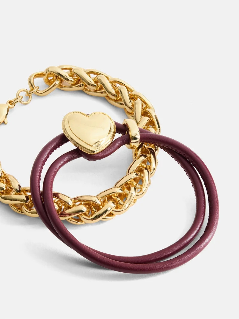 Free Assembly Women's Goldtone Chain and Faux Leather Bracelet Set, 2-Piece | Walmart (US)