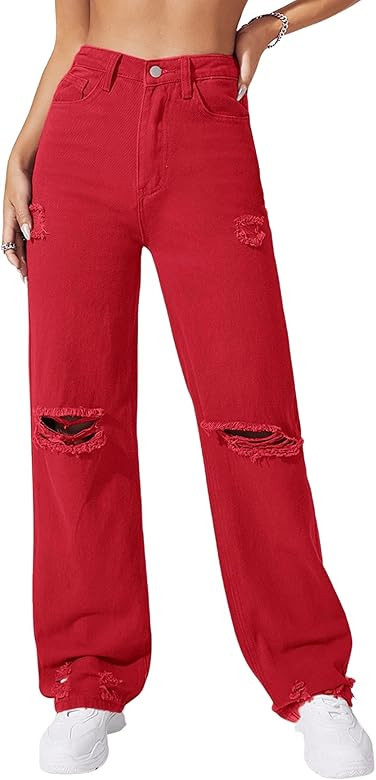 SweatyRocks Women's Casual Loose Ripped Denim Pants Distressed Wide Leg Jeans | Amazon (US)