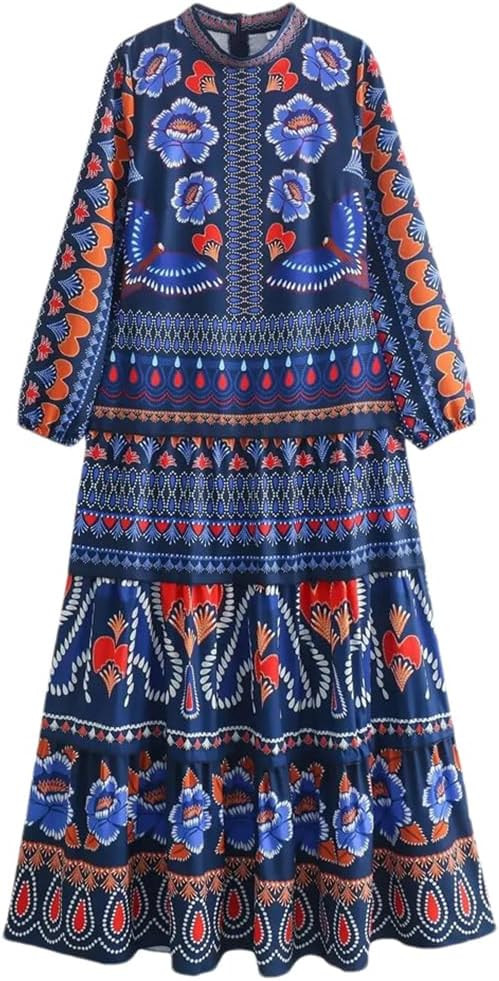 Women's O-Neck European and American Style Printed Long Sleeved Large Hem Dress | Amazon (US)