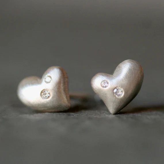 Puffy Heart Stud Earrings in Sterling Silver with Diamonds | Etsy (US)