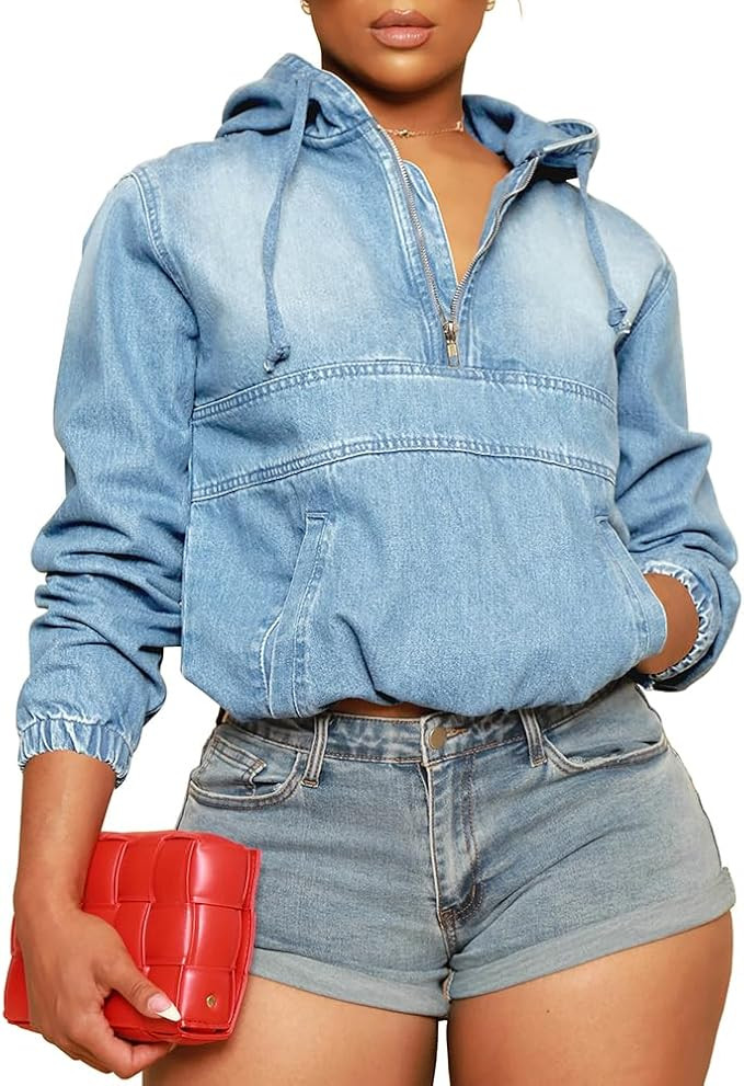 Women's Half Zip Denim Hoodie Pullover Jacket Jean Tops | Amazon (US)