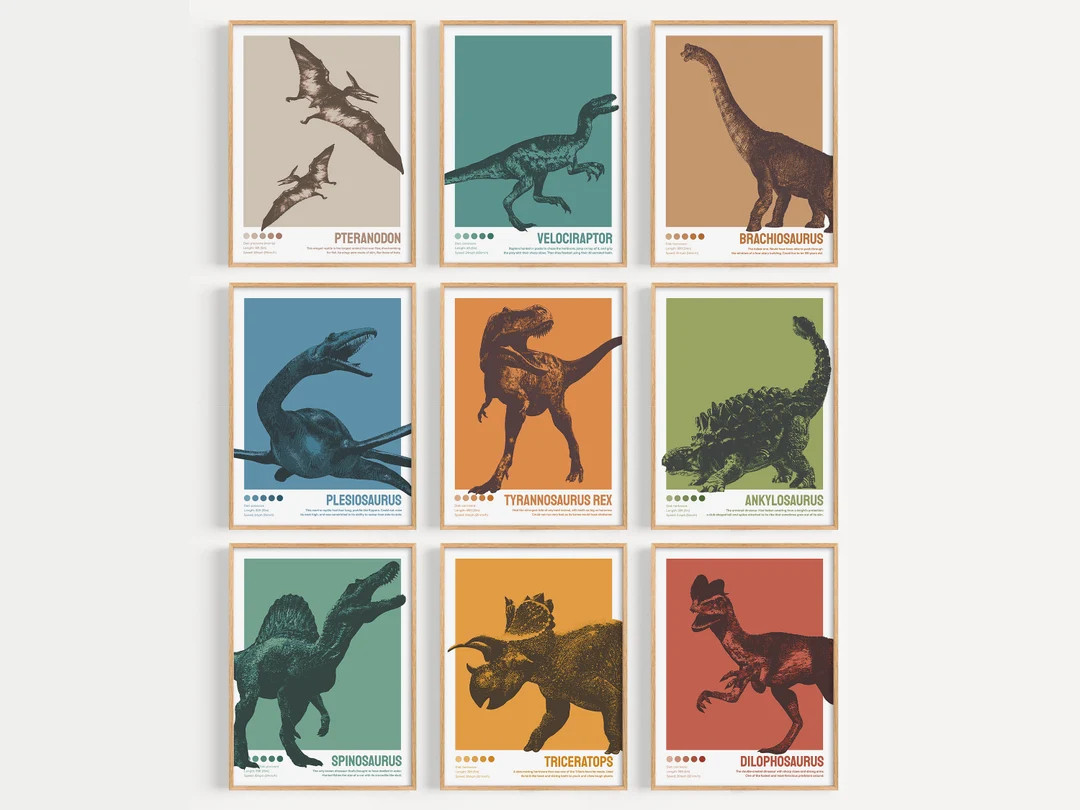 Set of 9 Dinosaur Prints Dinosaur Wall Art Kids Decor - Etsy | Etsy (US)
