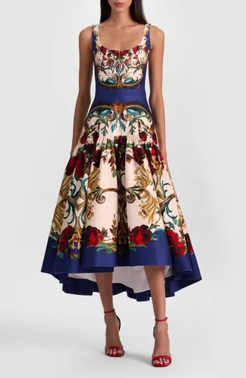 ALICE + OLIVIA Diana Print High-Low Midi Dress in Gilded Rose at Nordstrom Rack, Size 2 | Nordstrom Rack