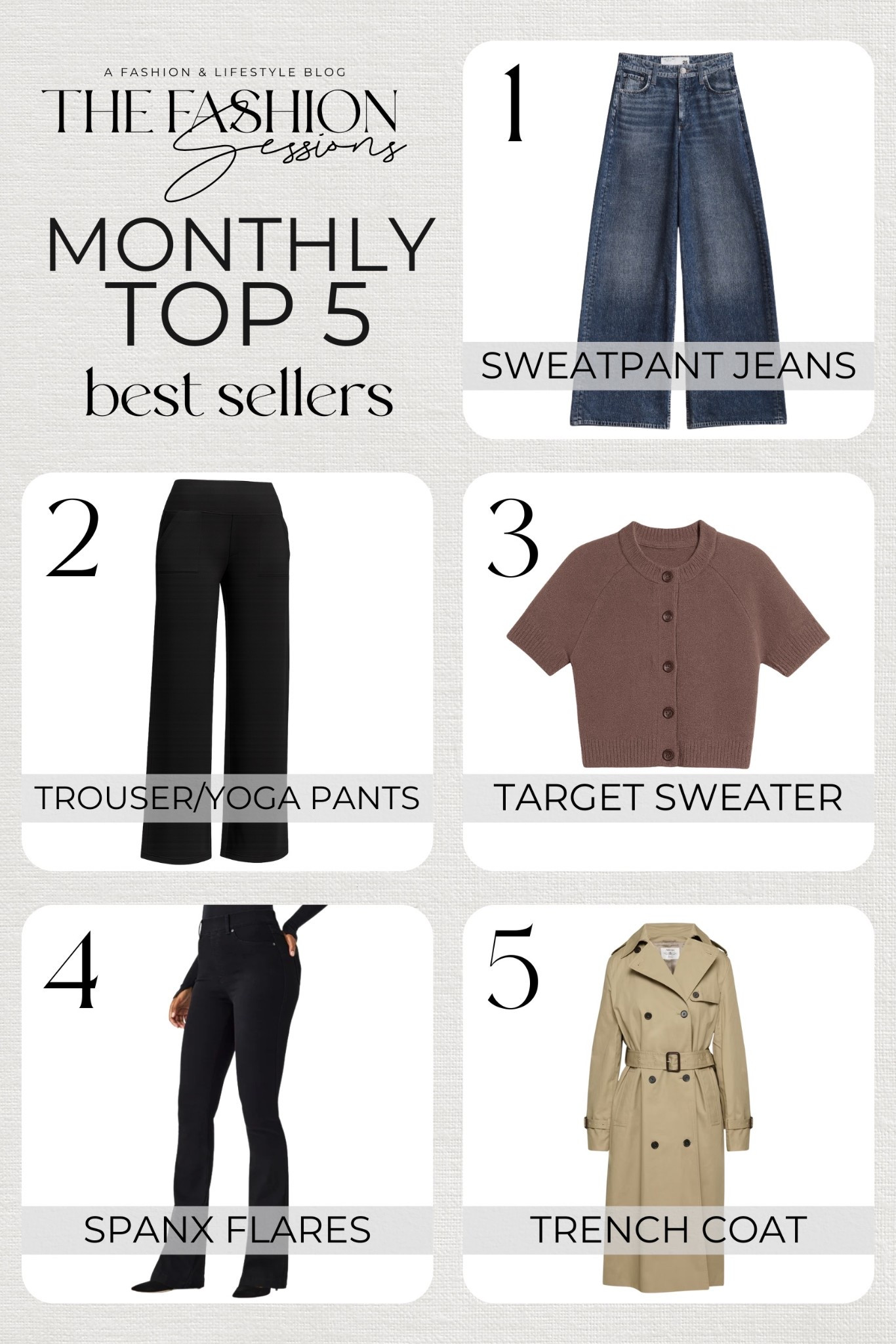October’s most-loved by you! 

1.  Miramar Sofie High Waist Ankle Wide Leg Terry Sweatpant Jeans
2. G4Free Yoga Pants/Trousers
3. Target Short Sleeve Cozy Knit Button-Down Cardigan Sweater
4. SPANXshape Original EveryWear Flare Jeans
5. Aritzia New The Finch Trench Coat - City Twill

#LTKSeasonal #LTKOver40 #LTKStyleTip