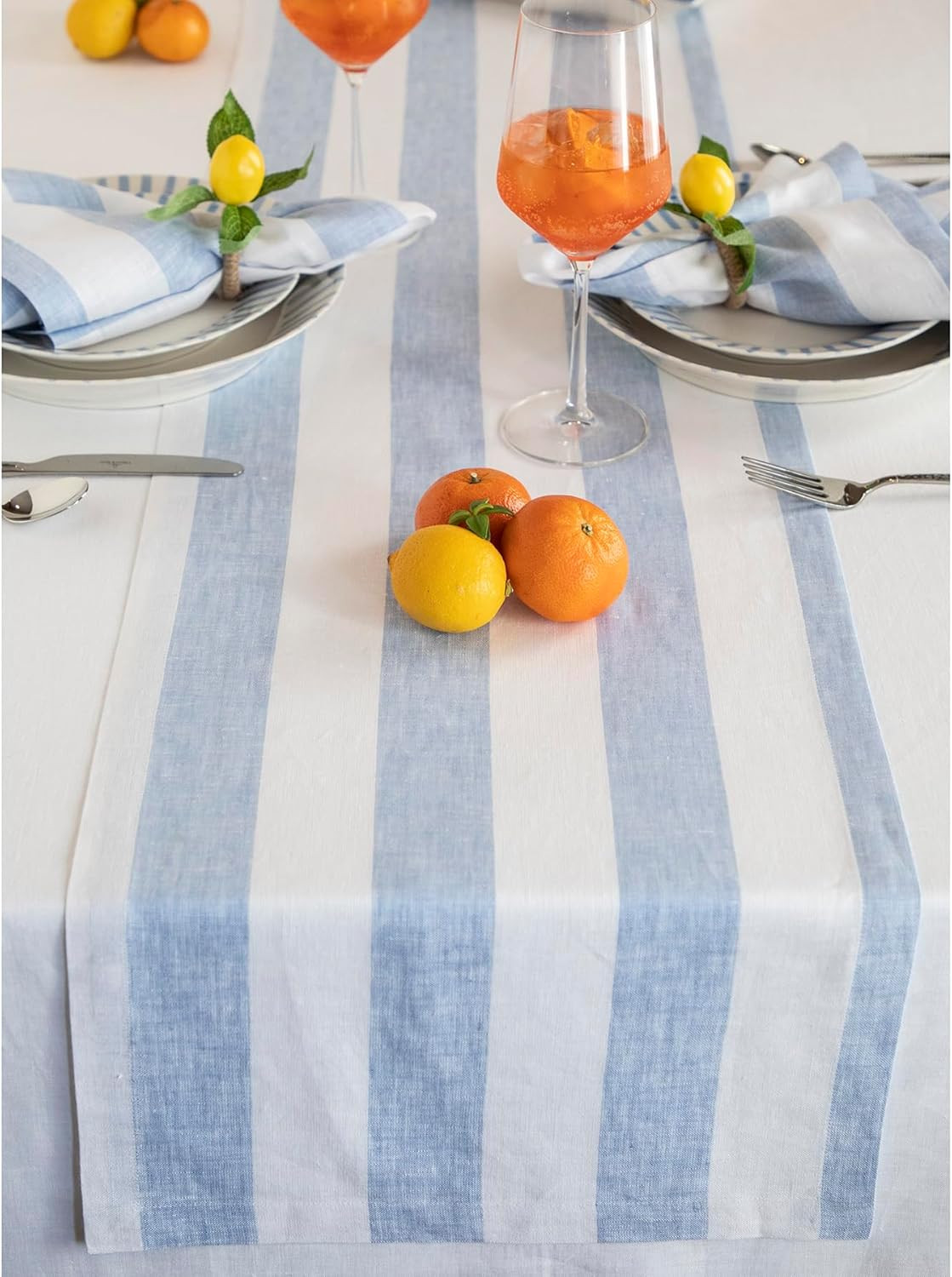 Solino Home Linen Table Runner 90 Inches Long - Cabana Stripe, 100% Pure Linen Sky Blue and White... | Amazon (US)