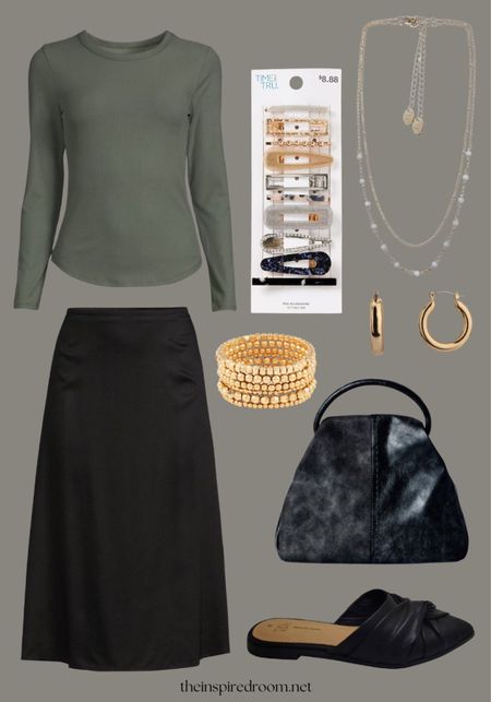 Festive winter outfit all from @walmartfashion #ad Green ribbed shirt, slip skirt, clip set, black mules, dainty delicate gold necklace with white beads, purse 

See these looks and more today on theinspiredroom.net

#LTKGiftGuide #LTKstyletip #LTKHoliday