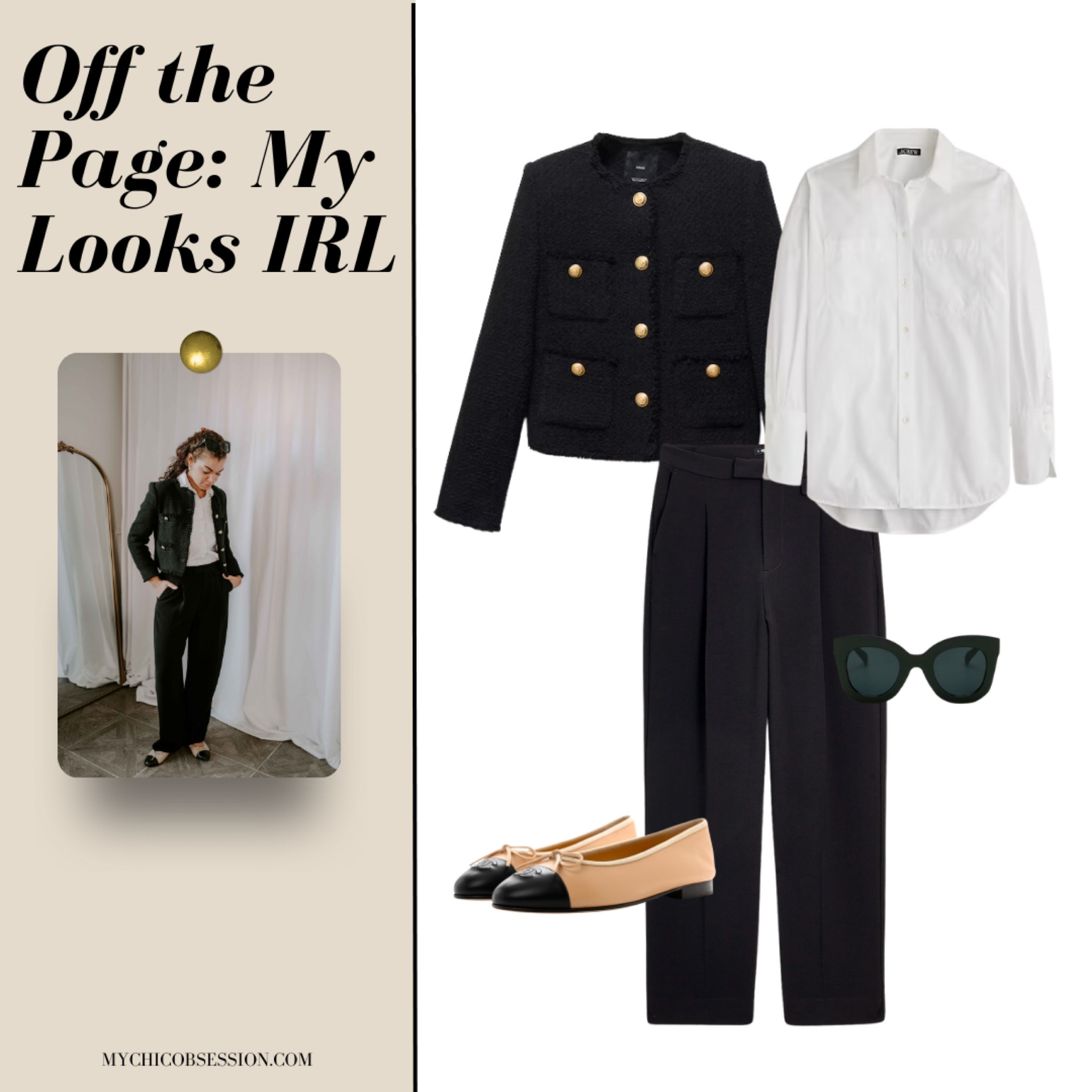 In need of a classic outfit idea? Get inspired by this outfit collage come to life. Linking to Mango’s current version of their tweed lady jacket - it’s a great staple. The Sezane button down (wearing size 4 for looser fit) is a great staple (similar pictured). The Madewell pants are comfy yet loose and run on the bigger side. These affordable sunglasses are a staple. Linking similar shoes!

#LTKover40 #LTKworkwear #LTKstyletip