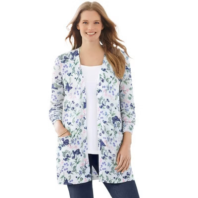 Woman Within Perfect Longer-Length Cotton Cardigan Sweater - 6X, White Butterfly Garden | Target