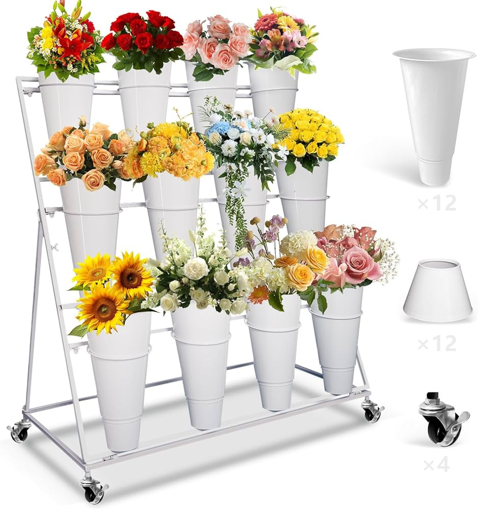 Three-Layer Flower Display Stand with Buckets, Movable Metal Flower Bar, Flower Cart Display Stan... | Amazon (US)