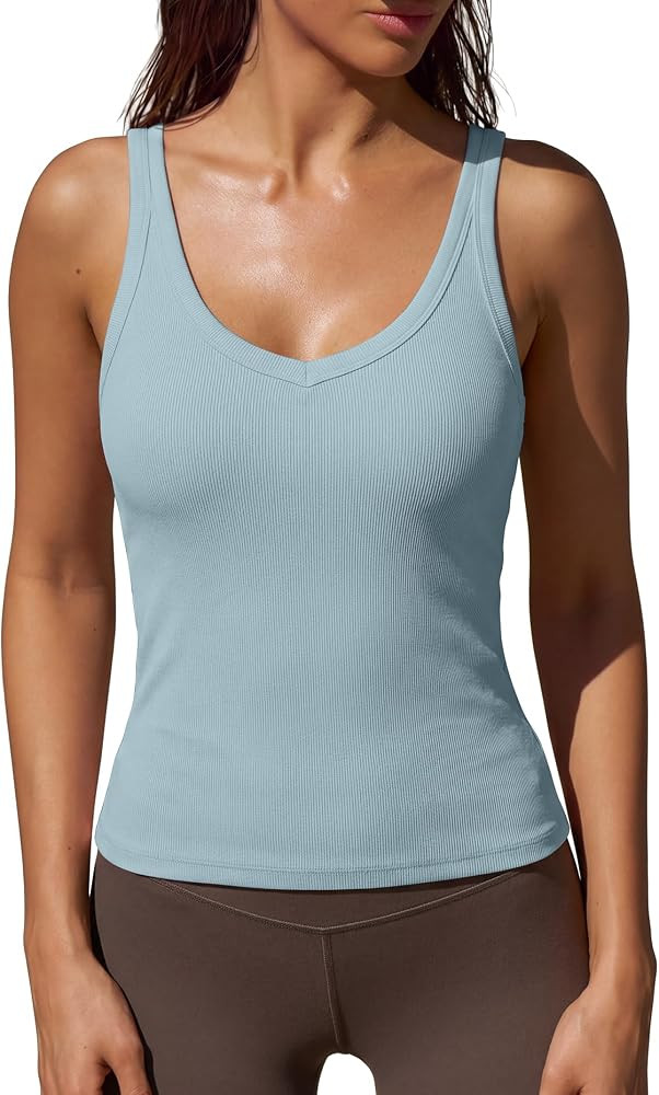 Darong Women's Ribbed Tank Top with Built-in Bra V Neck Sleeveless Shirts | Amazon (US)