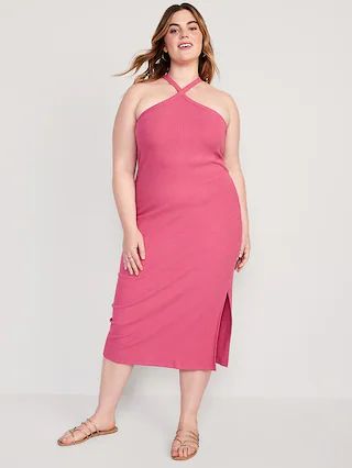 Fitted Rib-Knit Halter Midi Dress for Women | Old Navy (US)