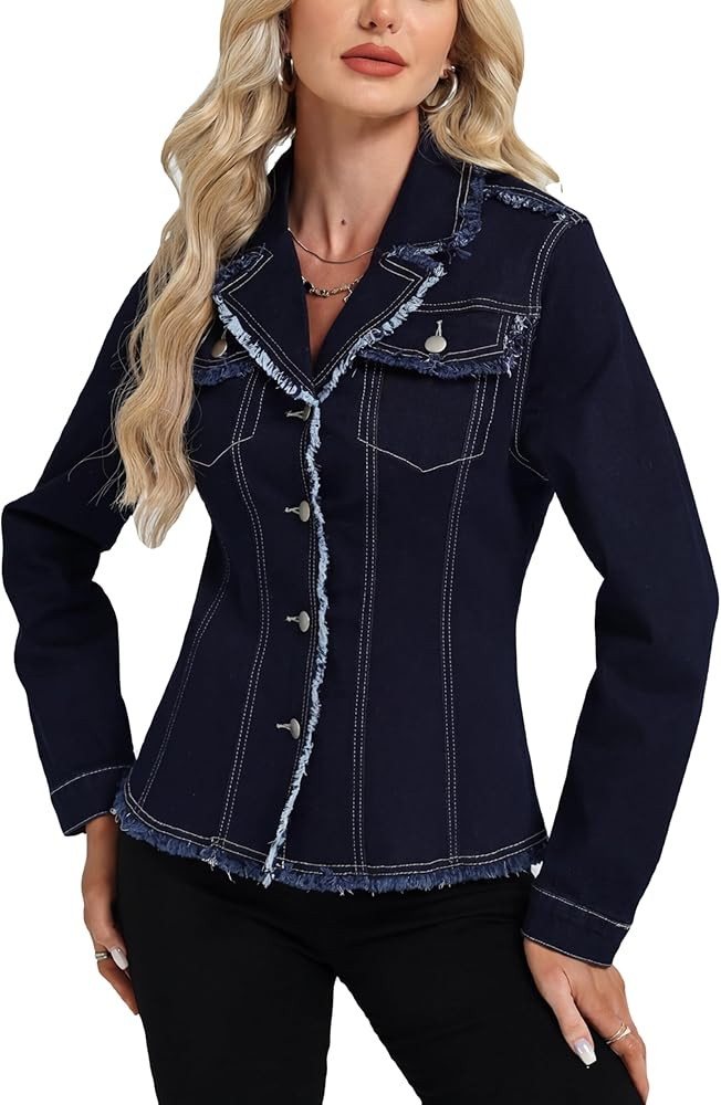 Ladyful Denim Blazer Jacket for Women Stretchy Lapel Long Sleeve Button Up Fray Jean Coat Outerwe... | Amazon (US)