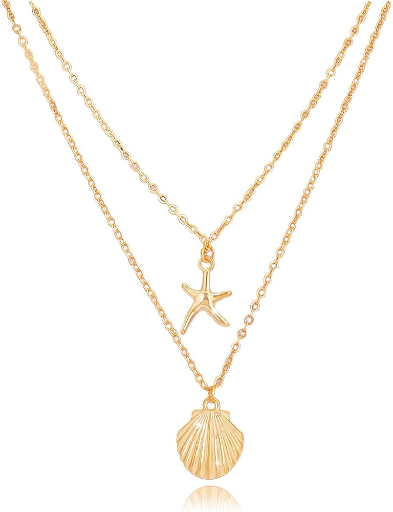 Tgirls Boho Layered Starfish Necklace Seashell Pendant Necklaces Chain for Women | Amazon (US)