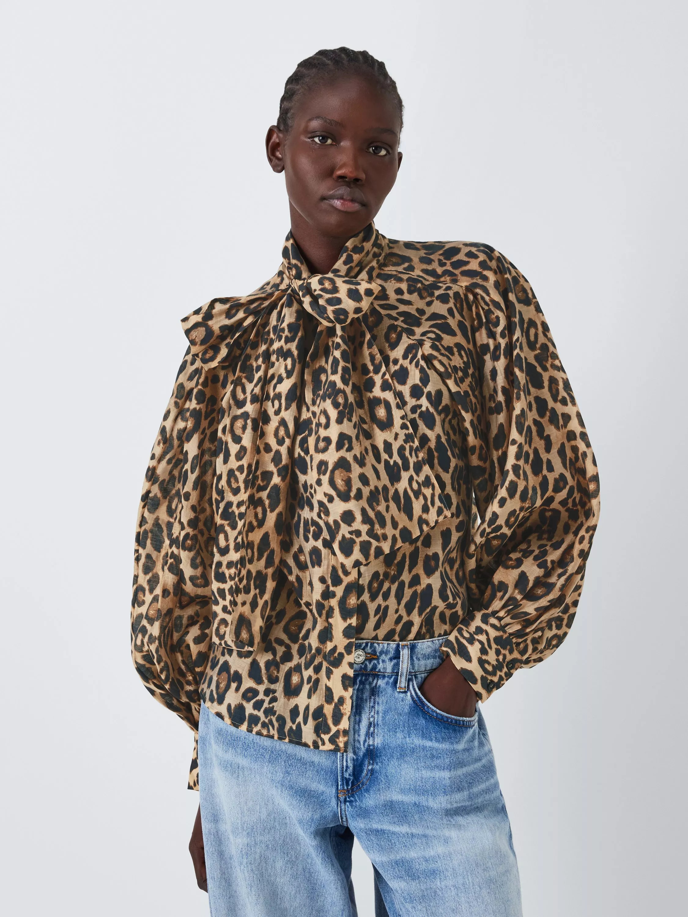 AND/OR Cassie Leopard Print Tie Neck Blouse, Brown/Multi | John Lewis (UK)