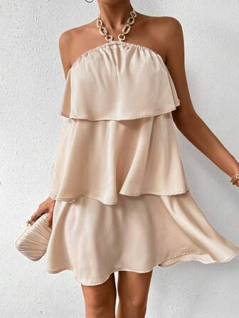 SHEIN Privé Women's Multiple Tier Ruffle Hem Chain Collar Halterneck Dress | SHEIN