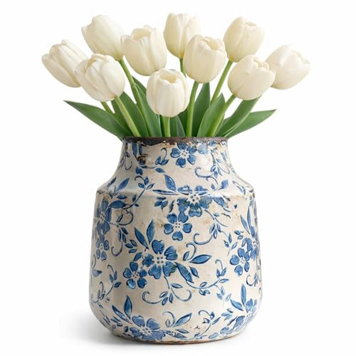 SincereLuxe Blue and White Ceramic Vase 7” – Vintage Floral Pottery Vase with Crackle Glaze For Greenery, Branches, Small Bouquets – Farmhouse Cottage Table Shelf Mantel Decor – Waterproof Flower Vase | Amazon (US)