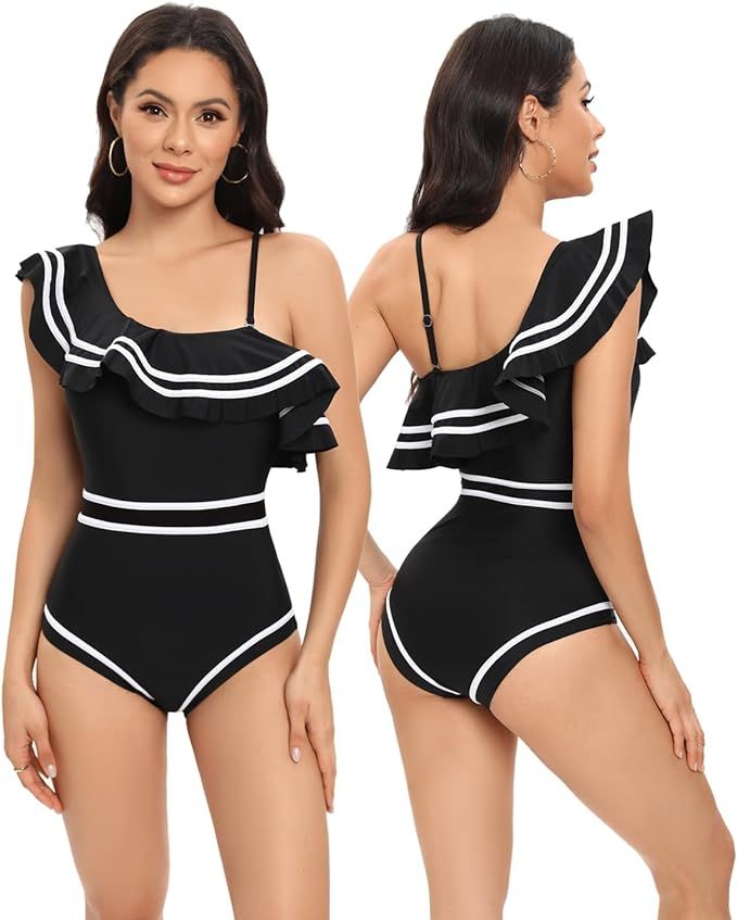 Elegant Taste Women's One Piece Swimsuit One Shoulder Ruffle High Waisted Bathing Suits | Amazon (US)
