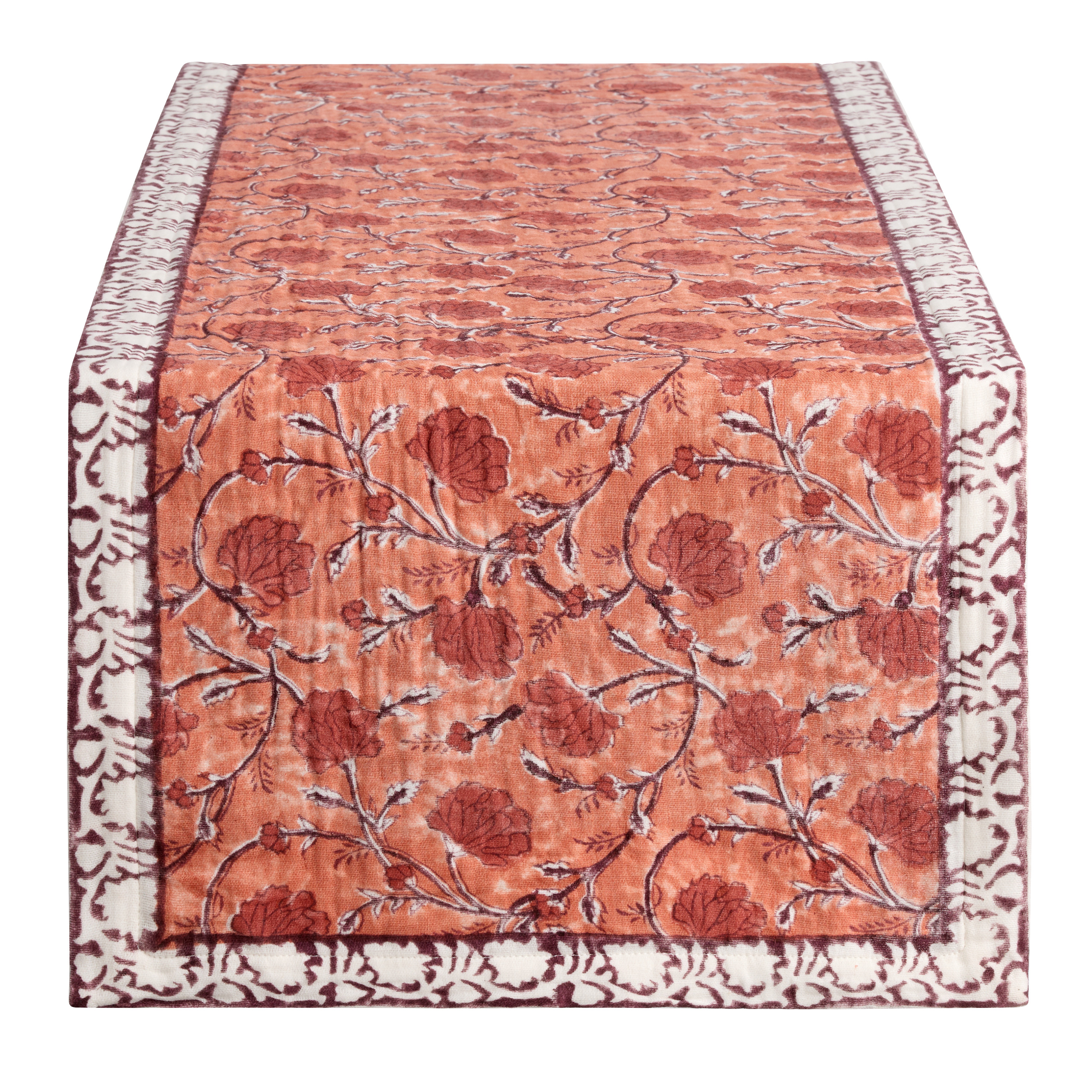 Peach and Maroon Cotton Gauze Floral Block Print Table Runner | World Market