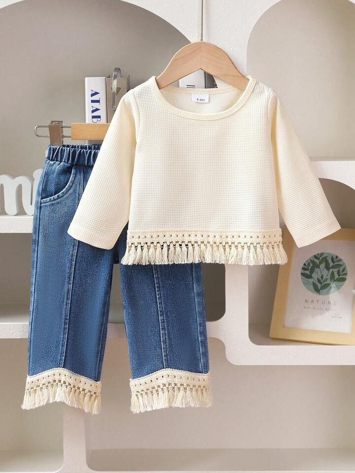 2pcs/Set Young Girl Solid Color Fringe Long Sleeve Top And Fringe Denim Pants Outfit | SHEIN