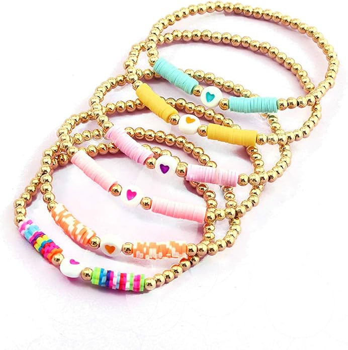 COLORFUL BLING 6Pcs/Pack Gold Beaded Bracelet Rainbow Vinyl Disc Ball Srting Stretch Heart Shaped... | Amazon (US)