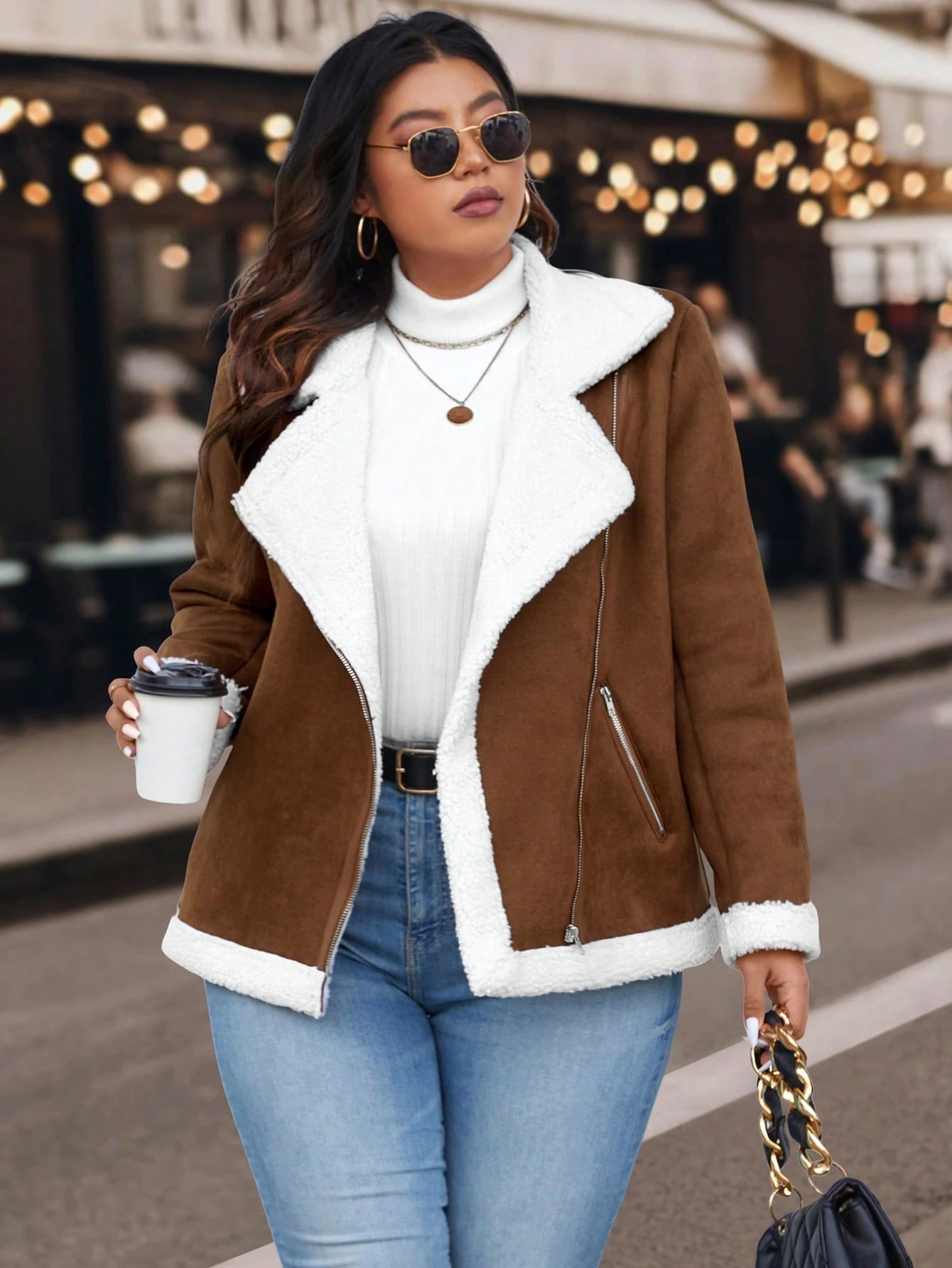 SHEIN Essnce Plus Teddy Lined Zip Up Moto Jacket | SHEIN