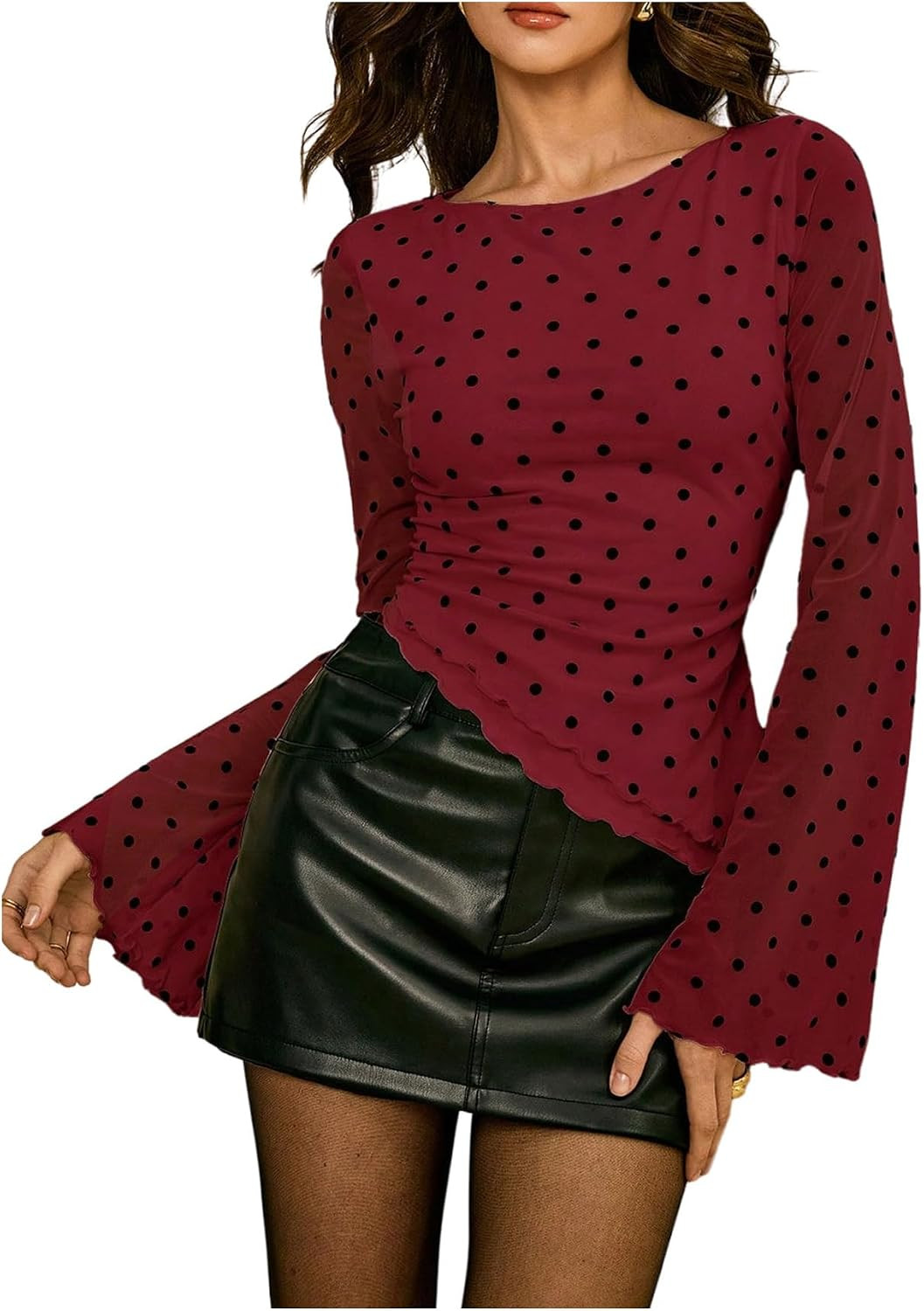 WDIRARA Women's Polka Dots Long Bell Sleeve Top Ruched Boat Neck Tee Shirts | Amazon (US)