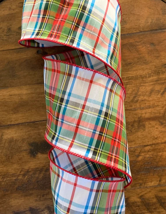 4 White Plaid Dupioni Ribbon  Blue Green Red Yellow  | Etsy | Etsy (US)