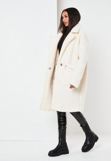 cream borg teddy zip pocket coat | Missguided (US & CA)