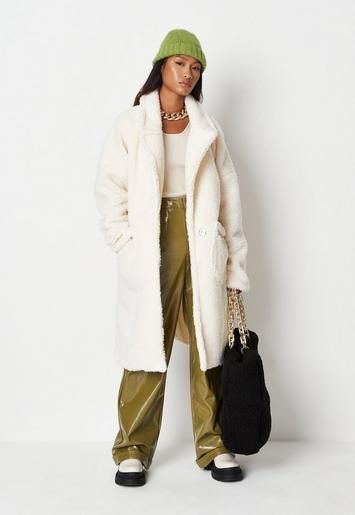 cream borg teddy zip pocket coat | Missguided (US & CA)