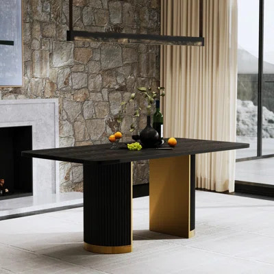 70 Inch Black Solid Oak Wood Dining Table With Fluted Design And Brushed Gold Base | Wayfair North America