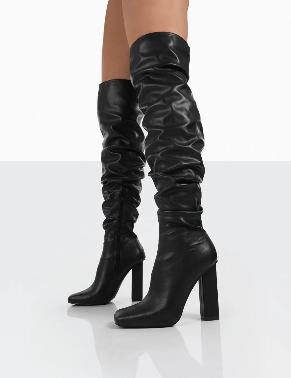 Cassia Black Square Toe Block Heel Over The Knee Boots | Public Desire (US & CA)