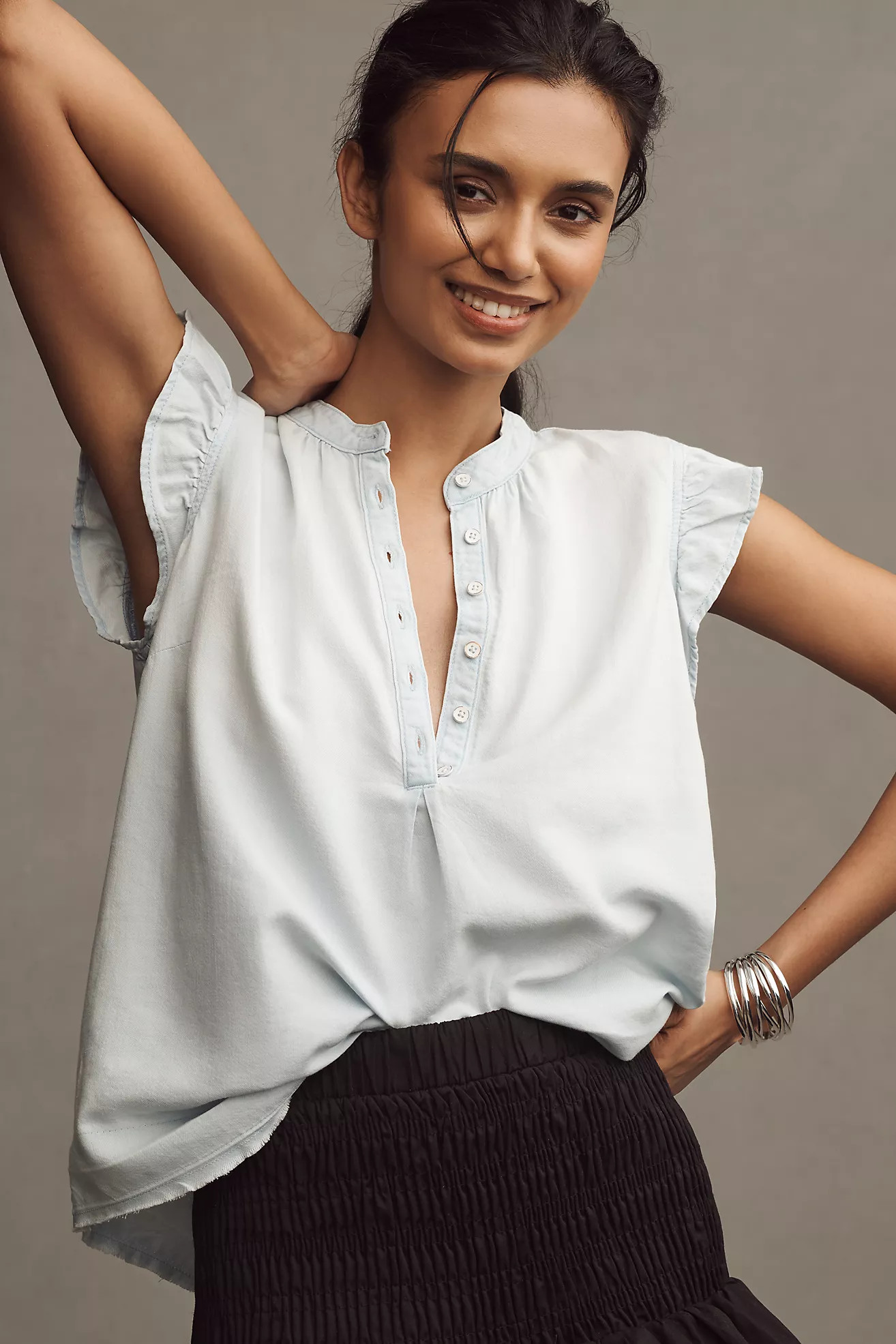 Cloth & Stone Flutter-Sleeve Raw-Edge Linen Tank | Anthropologie (US)