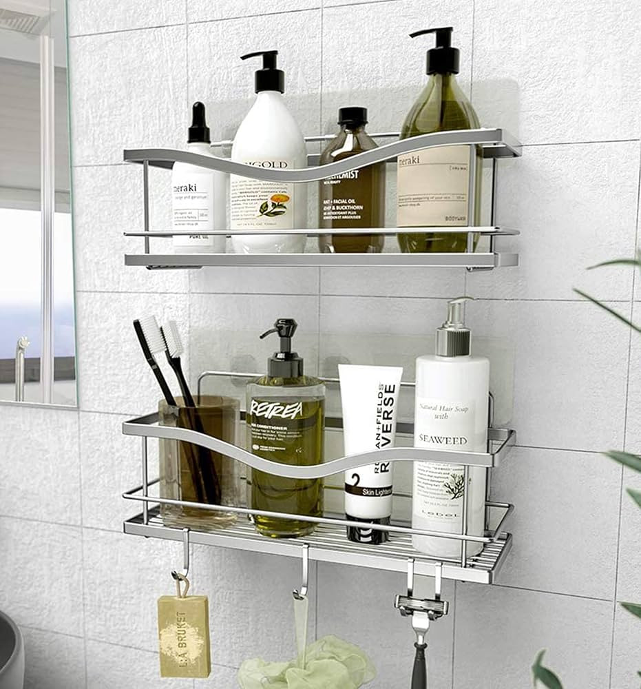 KINCMAX Shower Shelves 2-Pack - Premium Self Adhesive Shower Caddy w/ 4 Hooks - No Drill Large Ca... | Amazon (US)