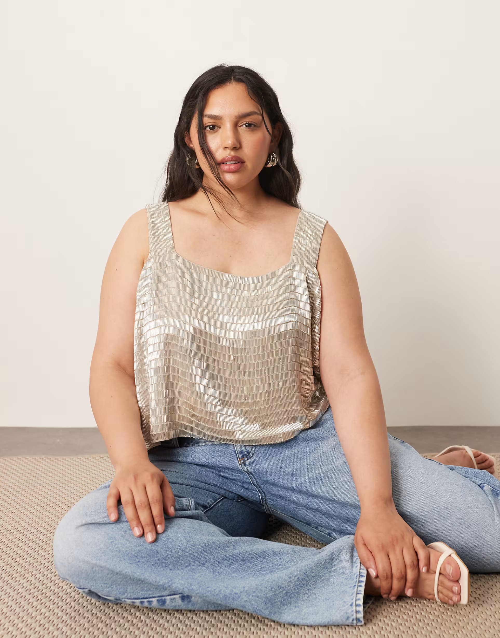 ARRANGE Curve embellished beaded square neck boxy crop top in silver | ASOS (Global)